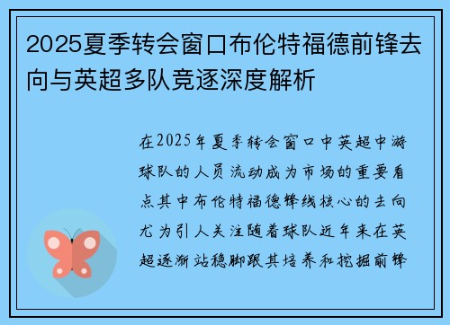 2025夏季转会窗口布伦特福德前锋去向与英超多队竞逐深度解析 2025夏季转会窗口布伦特福德前锋去向与英超多队竞逐深度解析